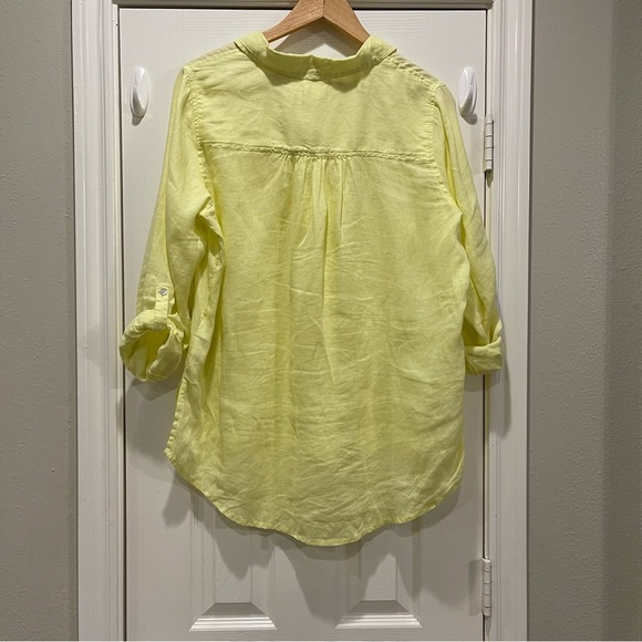 Sigrid Olsen Pop Over Blouse Women’s L Linen Yellow Rolled Sleeves Shirt Tunic - Picture 2 of 11
